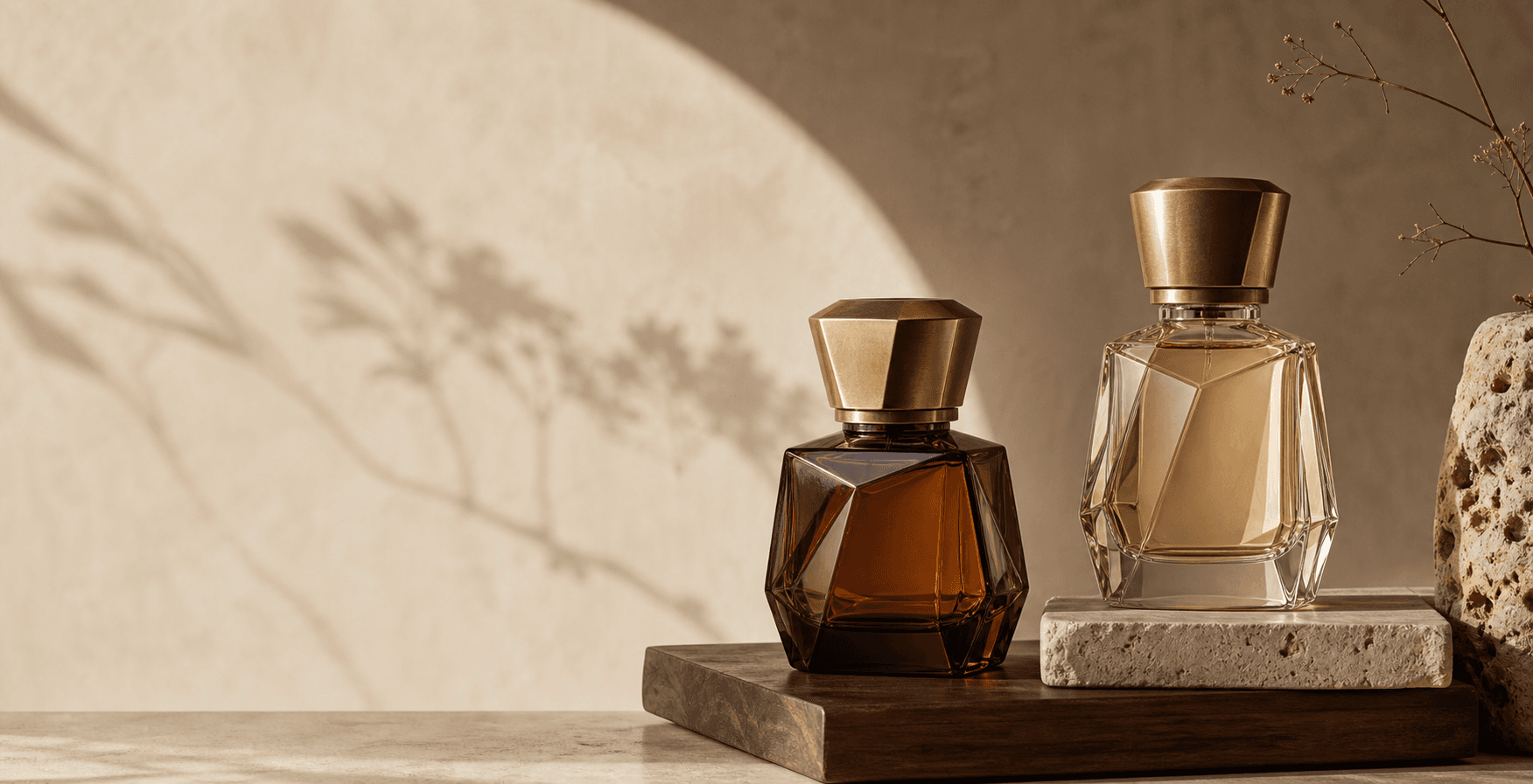 Sculptural perfume bottles in warm afternoon light